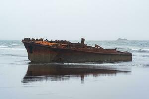 oxidado naufragio, permanece de un Embarcacion lavado en tierra en contra un brumoso marina foto