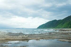 coastal landscape  with beautiful columnar basalt cliff on the wooded coast of Kunashir island photo