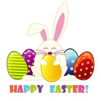 Easter Rabbit with eggs. Vector Illustration Of Cute Little Bunny Holding Easter Eggs for Greeting Card
