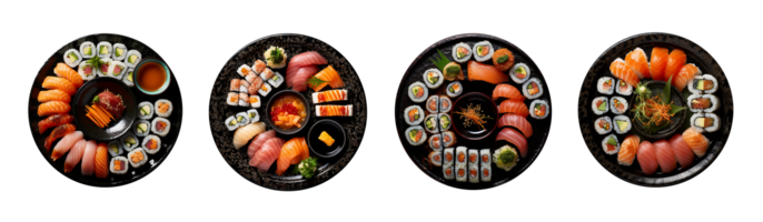 AI generated Sushi on black plate, top view with transparent background png