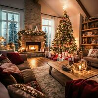 Cosy living room with beautiful christmas tree and red gifts in modern interior. Interior of living room decorated for merry christmas with socks, gift boxes and christmas accessories by AI Generated photo