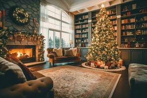 Cosy living room with beautiful christmas tree and red gifts in modern interior. Interior of living room decorated for merry christmas with socks, gift boxes and christmas accessories by AI Generated photo