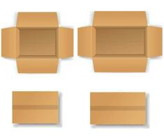 Realistic cardboard box mockup set from side, front and top view open and closed isolated on white background. vector