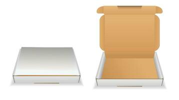 Realistic cardboard box mockup set from side, front and top view open and closed isolated on white background. vector