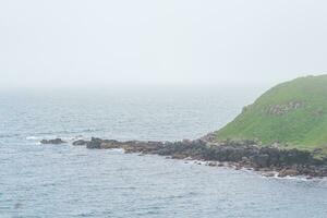 high deserted grassy shore over a cold foggy sea photo