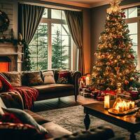 Cosy living room with beautiful christmas tree and red gifts in modern interior. Interior of living room decorated for merry christmas with socks, gift boxes and christmas accessories by AI Generated photo