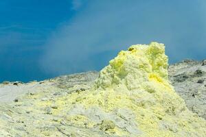 sulfur deposits around a solfatara in a fumarole field on the slope of a volcano photo