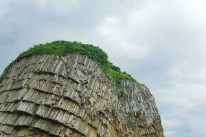 top of columnar volcanic basalt rocks on the island of Kunashir photo