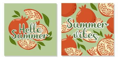 Set of fruit cards with text hello summer and summer vibes. Pomegranate composition and background with leaves. Vector square illustration for banner, poster, flyer, social media