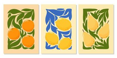 Set of abstract posters with fruits and leaves. Composition with orange, pear and lemon. Summer trendy vector illustration for banner, flyer, card, social media, web design. a4 format