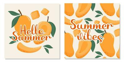 Set of fruit cards with text hello summer and summer vibes. Mango tropical composition and background with leaves. Vector square illustration for banner, poster, flyer, social media, post