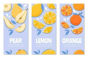 Set of season fruit flyers. Orange, lemon, pear with space for text. Summer vector illustration in cartoon flat style. For banner, poster, stories, cover