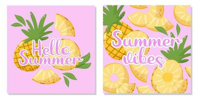 Set of fruit cards with text hello summer and summer vibes. Pineapple tropical composition and background with leaves. Vector square illustration for banner, poster, flyer, social media