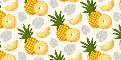 Pineapple seamless pattern with tropical leaves and fruit. Summer vector illustration in cartoon flat style on isolated background. For paper, cover, fabric, gift wrapping, notebook