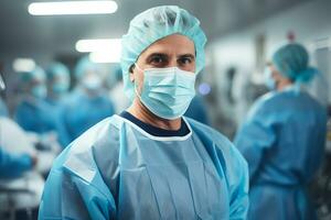 AI generated Portrait of surgeon standing in operating room with colleagues in the background photo