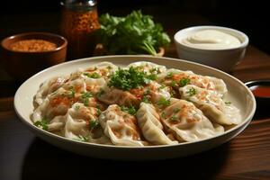 AI generated Pork dumplings with sauce and parsley on a plate photo