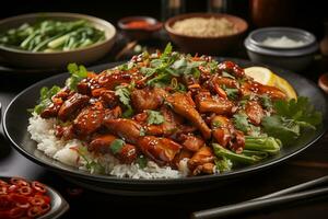 AI generated Honey glazed chicken in sweet and sour sauce served with rice photo