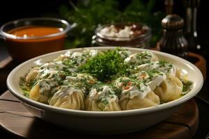 AI generated Pork dumplings with sour cream and parsley on a plate photo