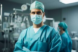 AI generated Portrait of surgeon in operating room at hospital. Medical background. photo