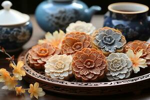 AI generated tradition chinese mooncakes in the form of flowers on a tray photo