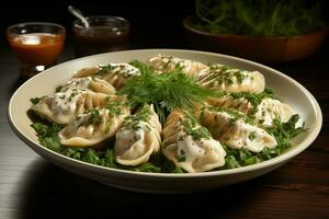 AI generated Boiled dumplings on a plate with dill and sauce photo