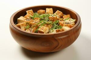 AI generated Tofu with sesame seeds in wooden bowl on white background photo