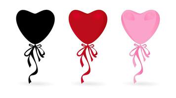 3 corazón forma globos para San Valentín día, cumpleaños y fiestas. rojo, rosa, negro globos decorado con cinta instrumentos de cuerda. vector aislado en blanco antecedentes.