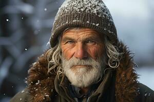 ai generado retrato de un pueblo antiguo hombre en contra el fondo de un Nevado natural paisaje foto