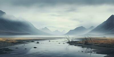 AI generated arctic landscape with tundra in mountain valley photo