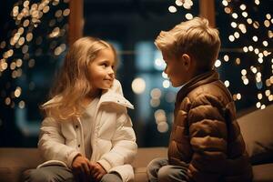 ai generado pequeño chico y niña sentado en sofá y comunicar en un festivo nuevo años antecedentes foto