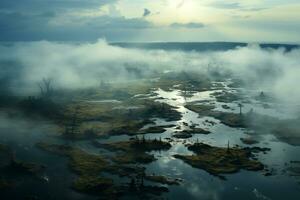 AI generated aerial view of vast bogland covered in fog photo