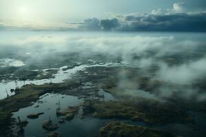 AI generated aerial view of vast bogland covered in fog photo