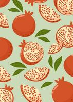 Pomegranate background with whole and slices fruits. Summer vitamin vector illustration for banner, poster, flyer, card, notebook. a4 format.