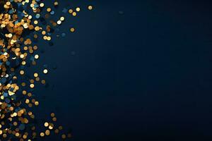 AI generated dark blue background with golden confetti on the edge photo