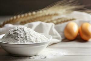 AI generated pile of flour in a plate on the table, in the background there are eggs and ears of bread in a blur photo