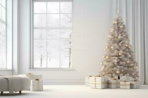 AI generated minimalist light interior in scandinavian style decorated for the New Year, Christmas decorations and gifts under the tree, winter morning forest outside the window photo