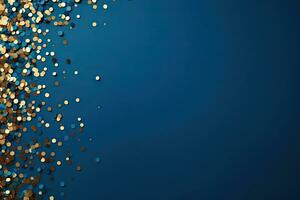 AI generated dark blue background with copy space and golden confetti on the edge photo