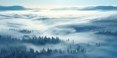 AI generated hilly landscape with winter coniferous forest in morning fog, aerial view photo