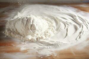 AI generated pile of flour poured onto the baking table before making bread photo