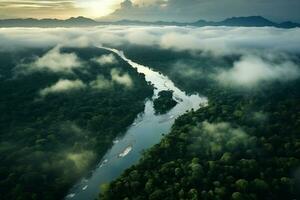 ai generado aéreo ver de el tropical selva durante río inundar foto