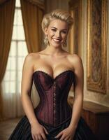 AI generated Attractive blonde woman with curly hair in a corset in a vintage room photo