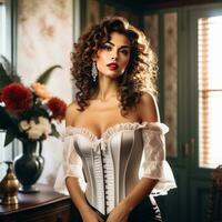 AI generated Attractive brown-haired woman in a corset in a retro room photo