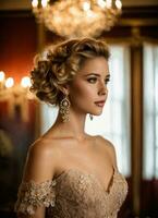 AI generated Attractive blonde woman with curly hair in a corset in a vintage room photo