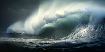 AI generated huge breaking wave under stormy sky photo