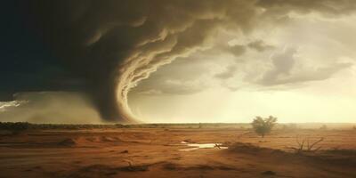 ai generado dramático paisaje con tornado en Desierto zona foto