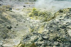 deposits of native sulfur in a fumarole field on the slopes of the Mendeleev volcano photo