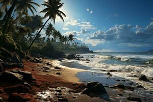 AI generated tropical coastal landscape, wild shore on the edge of the palm jungle photo