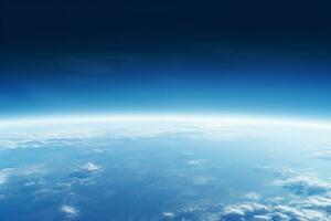 AI generated view from the space to the blue earth's surface with atmospheric haze and clouds photo