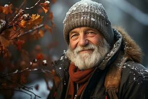 AI generated portrait of an elderly man in warm winter clothes under snowfall photo