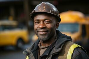 AI generated smiling male worker against the background of some vehicles photo